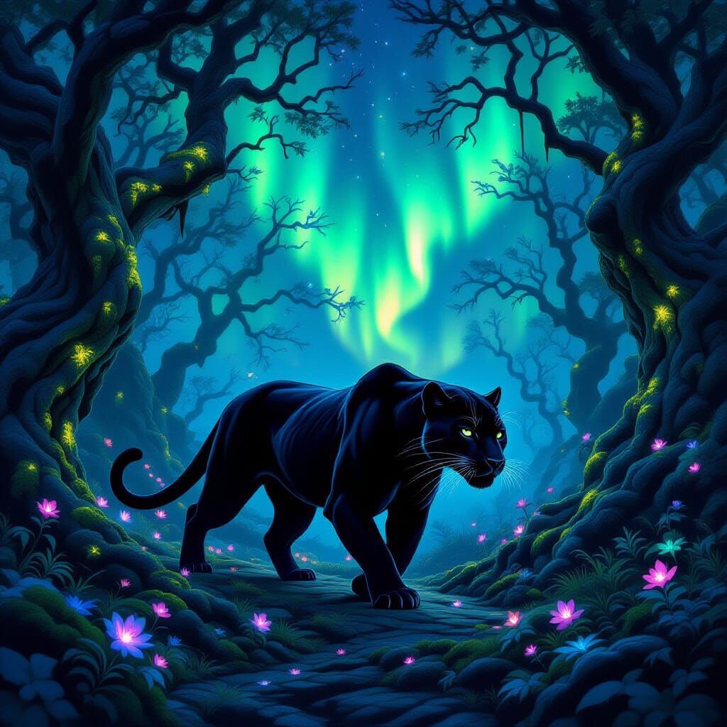 Black Panther Aroroa in Enchanted Forest with Aurora