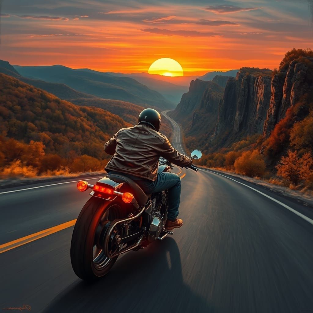 Motorcyclist on Chopper at Twilight, Oil Painting Style