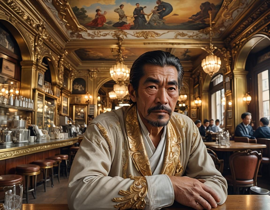 Toshiro Mifune in Art Nouveau Parisian Cafe