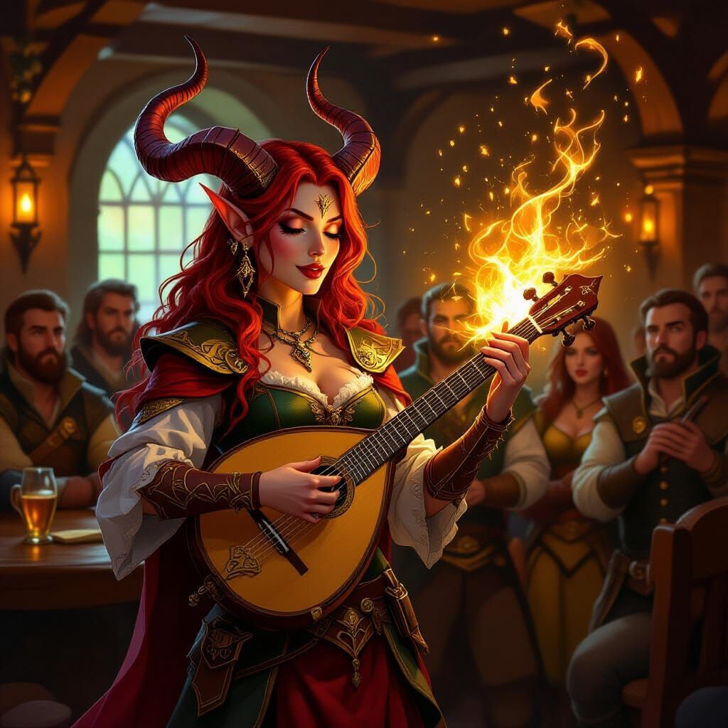 A tiefling bard buffing the adventuring party with the magic...