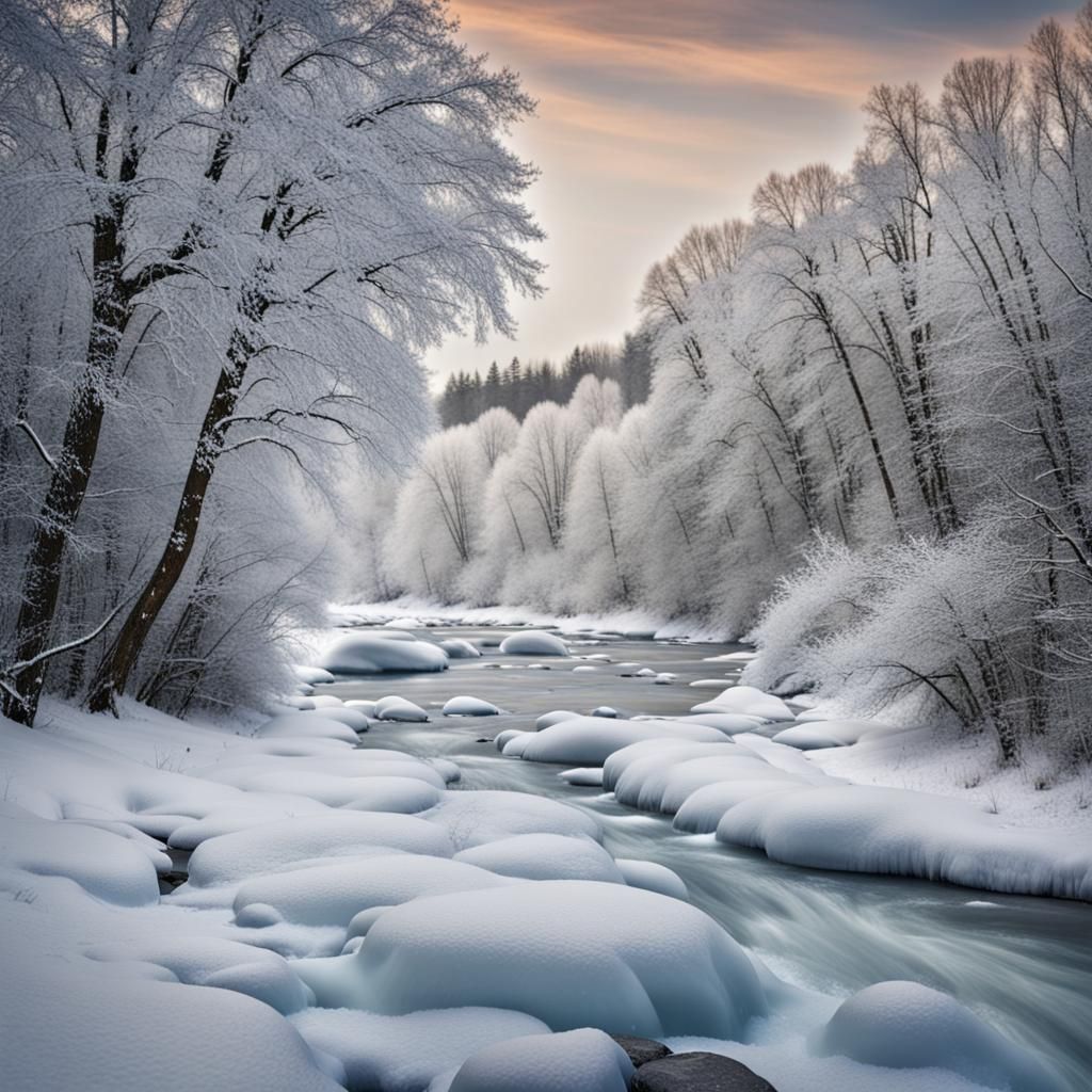 Icy River in Winter Landscape
