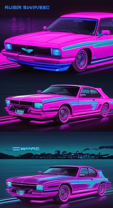 Retro-Futuristic Cars Racing on a Neon-Lit Water Highway