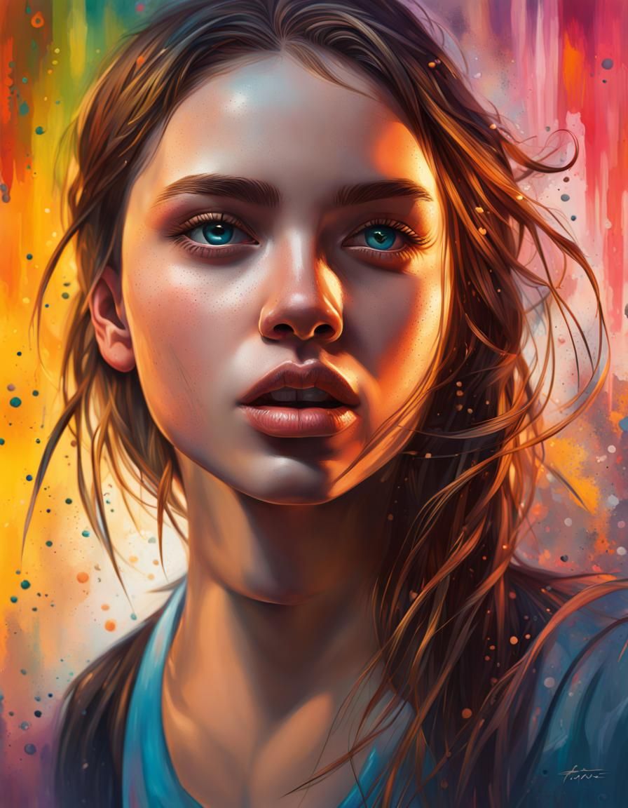 Hyperrealistic Girl's Face in Colorful Splash Art