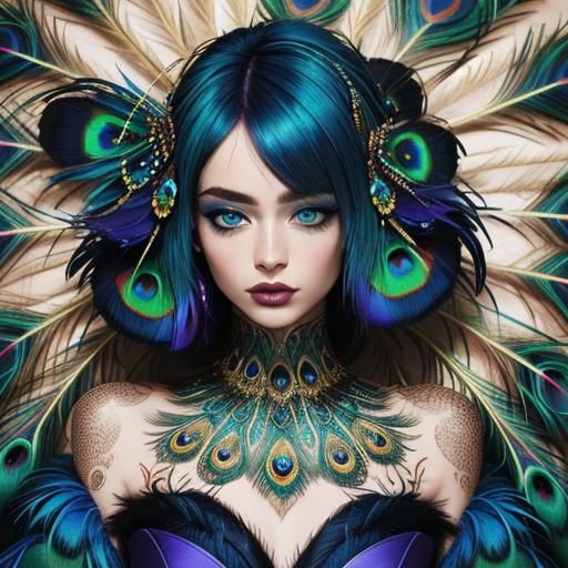 Ethereal Woman with Peacock Feathers in Abstract Art
