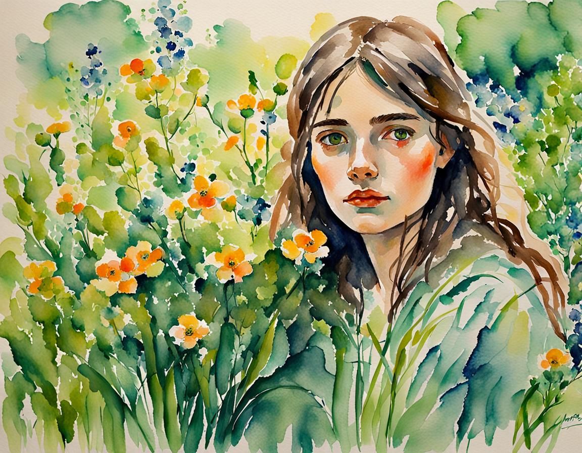 Surreal Watercolor Portrait with Spring Florals and Warm Gol...