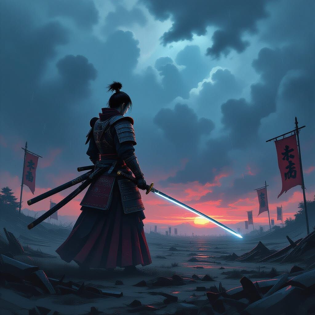 Samurai Warrior on Desolate Battlefield in Ukiyo-e Dark Fant...