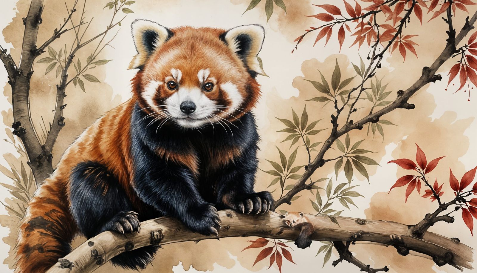 Cute and Feisty Red Panda in Wash and Ink Style