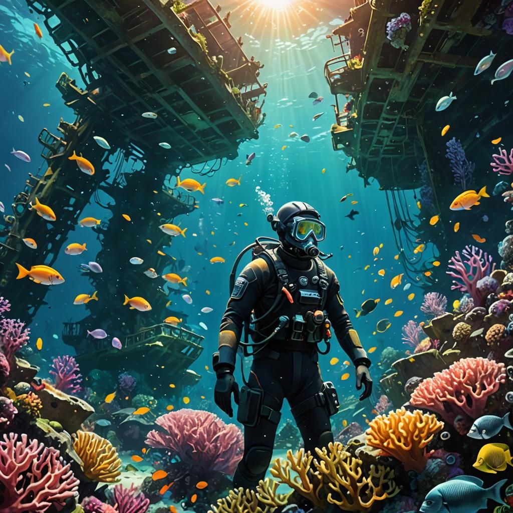 Underwater Diver Explores Shipwreck in Miyazaki Style