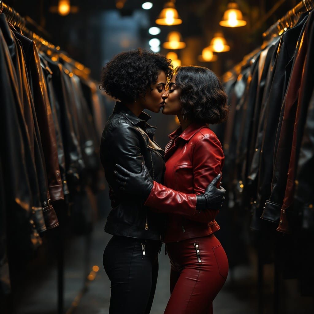 Chic Women Embrace in Leatherwear Boutique