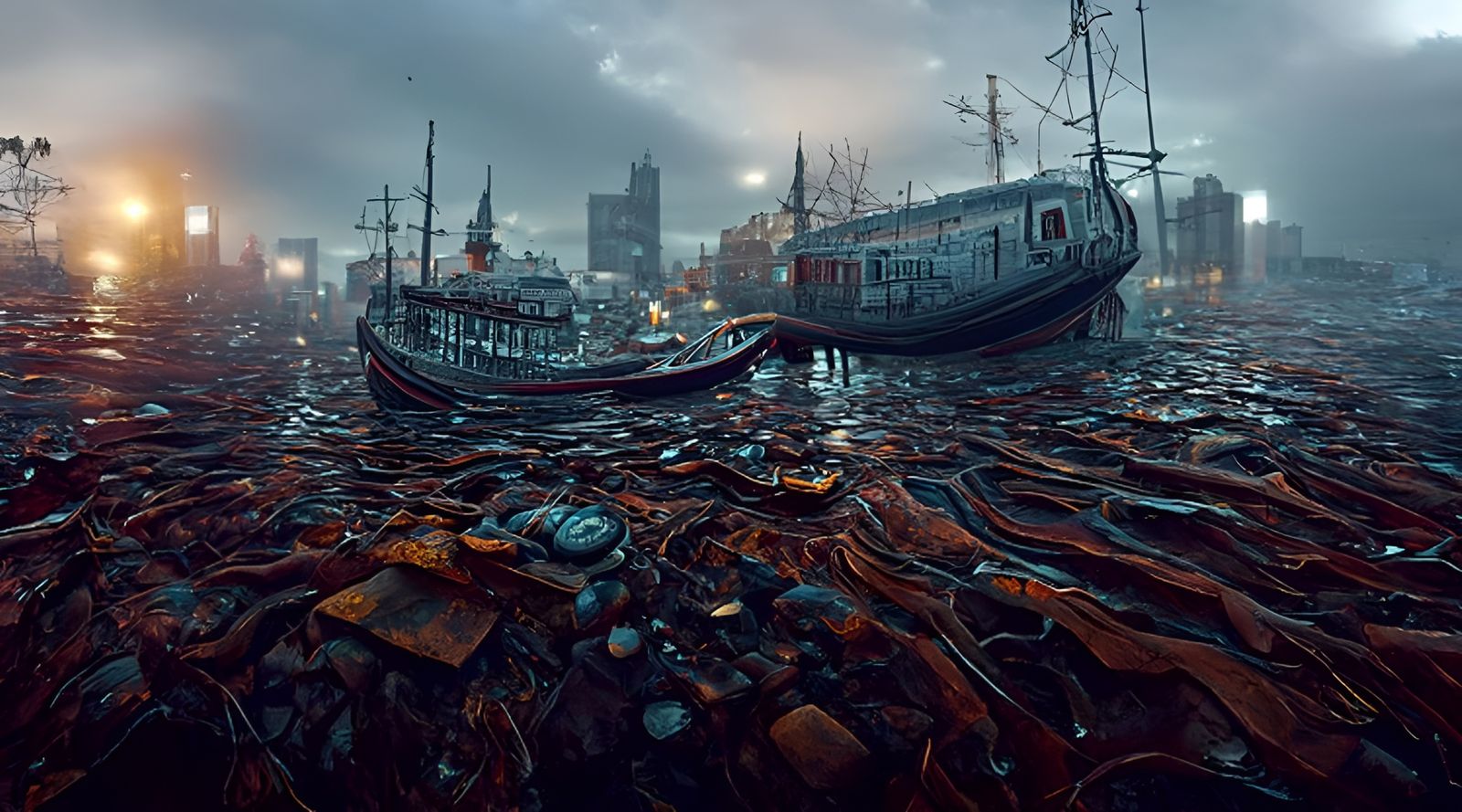 Victorian City Sinking in Dark Sea Panorama