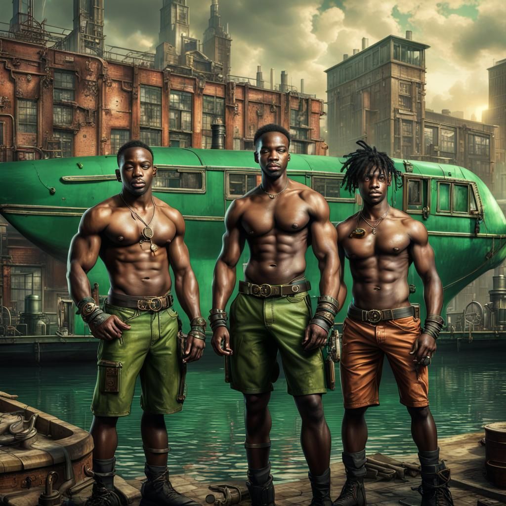 Steampunk Canal Scene with Athletic Figures