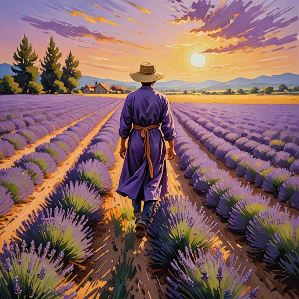 Impressionistic Lavender Fields at Golden Hour