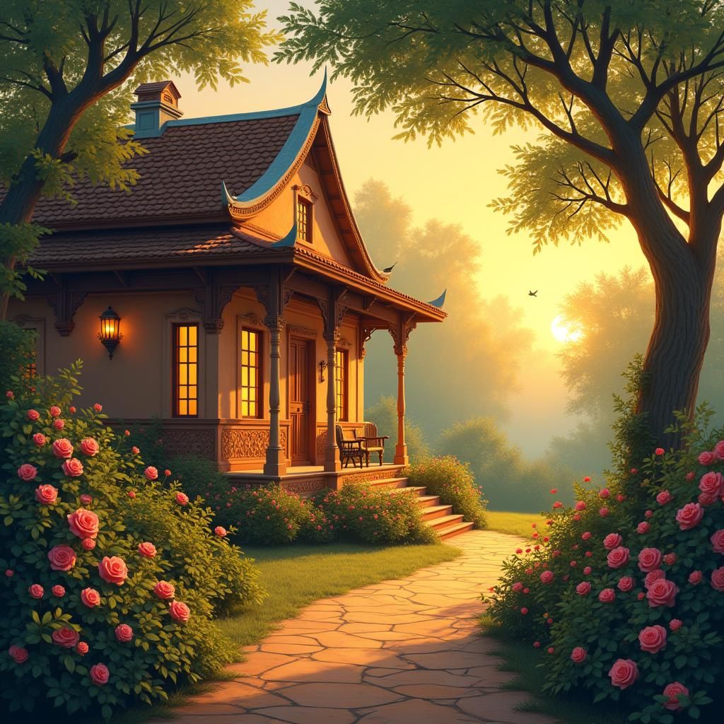 Indian Garden at Sunrise in a Classic Painting Style