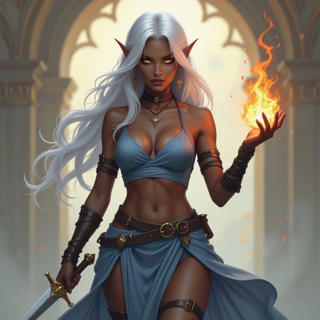 Drow Elf Wizard with Fire Spell, Fantasy Art