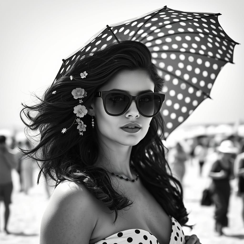 Mysterious Woman in Charcoal Beach Scene