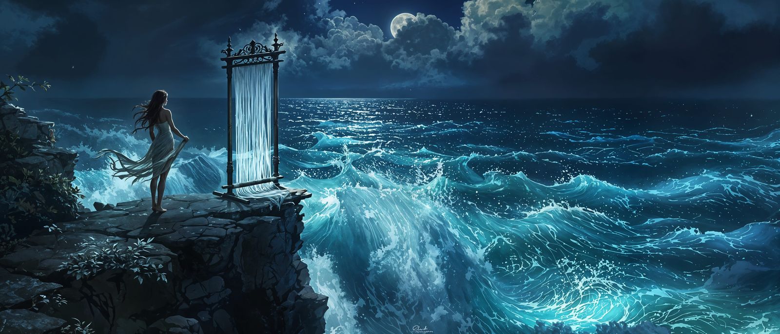 Surreal Oceanic Goddess Wields Power of Moonlit Tides