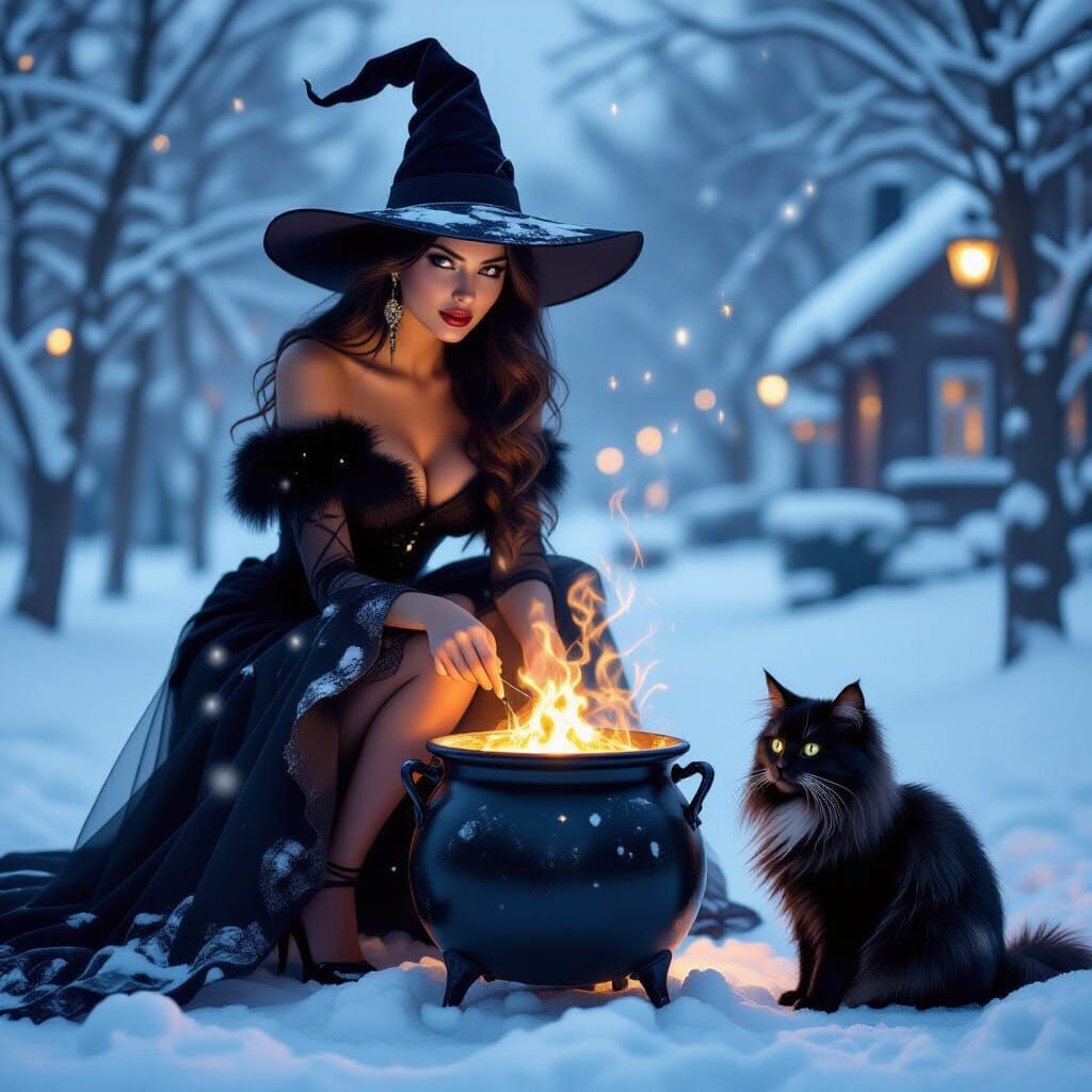 Mysterious Witch With Black Cat And Magic Potion