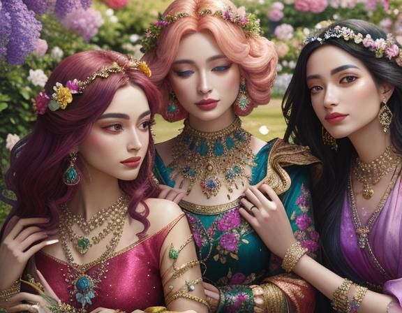 Goddesses in a Flower Garden: Hyperrealistic Rendering