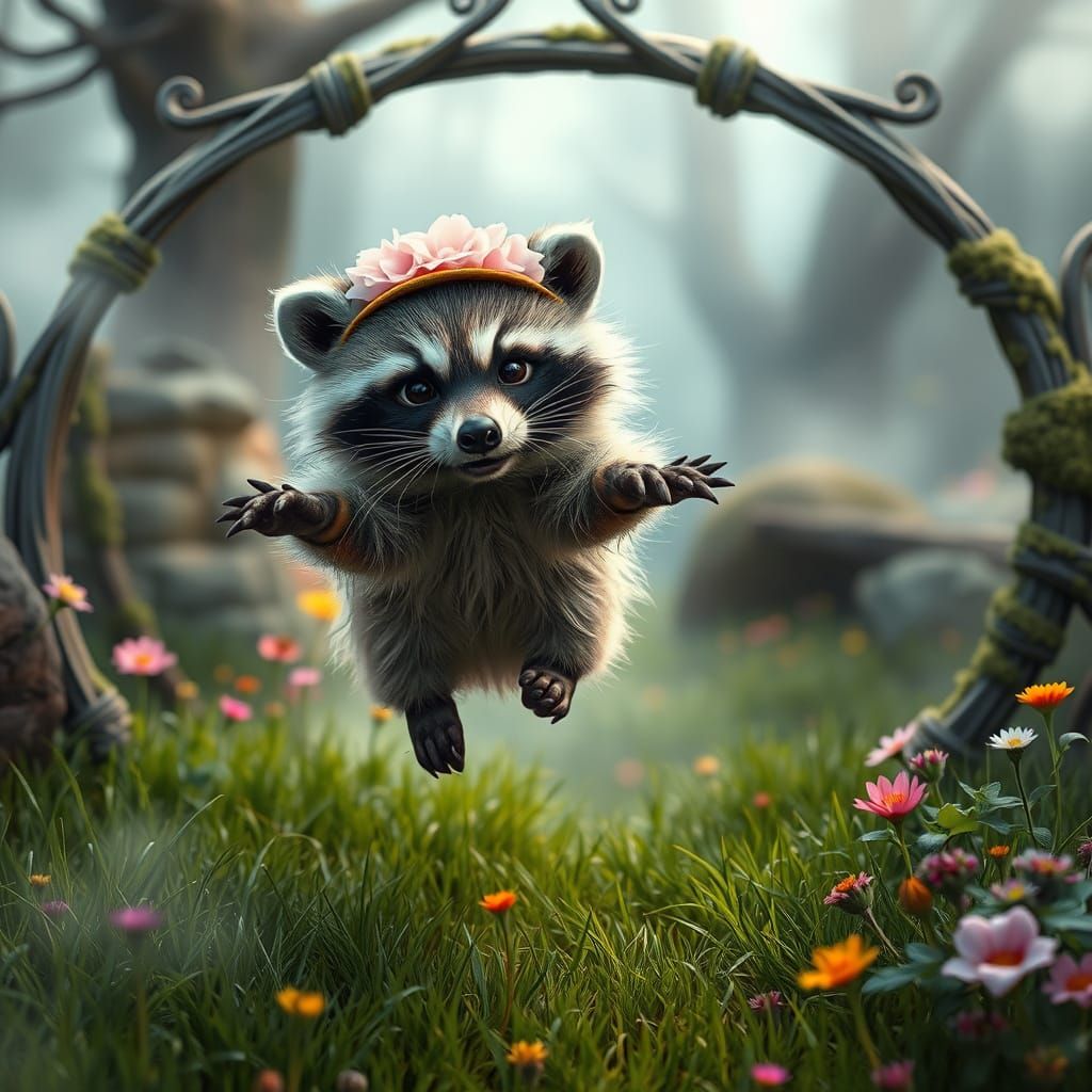 Whimsical Raccoon Leaps in Enchanted Forest