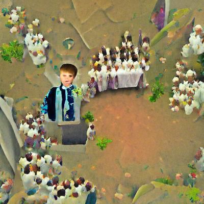 Maximalist Aerial View of Young Man at Communion