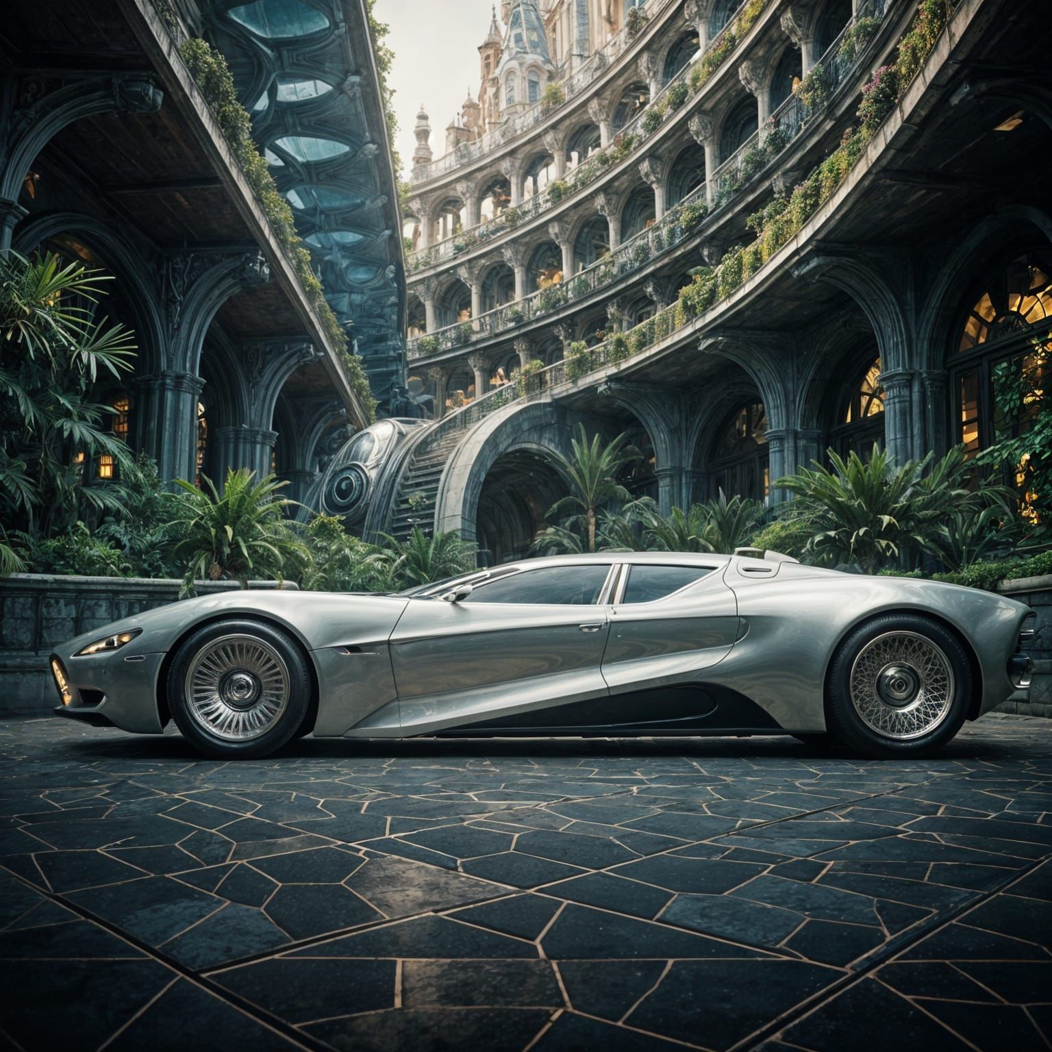 Futuristic Steampunk Limousine in Gaudi-Style City