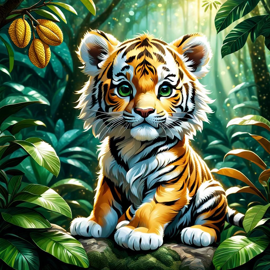 Adorable Tiger Cub Plays in Rainforest, CGI Art