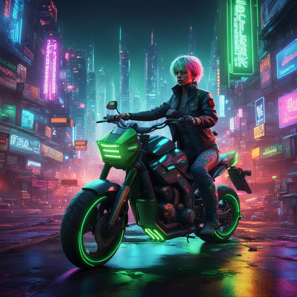 Cyberpunk Rider in Neon Cityscape
