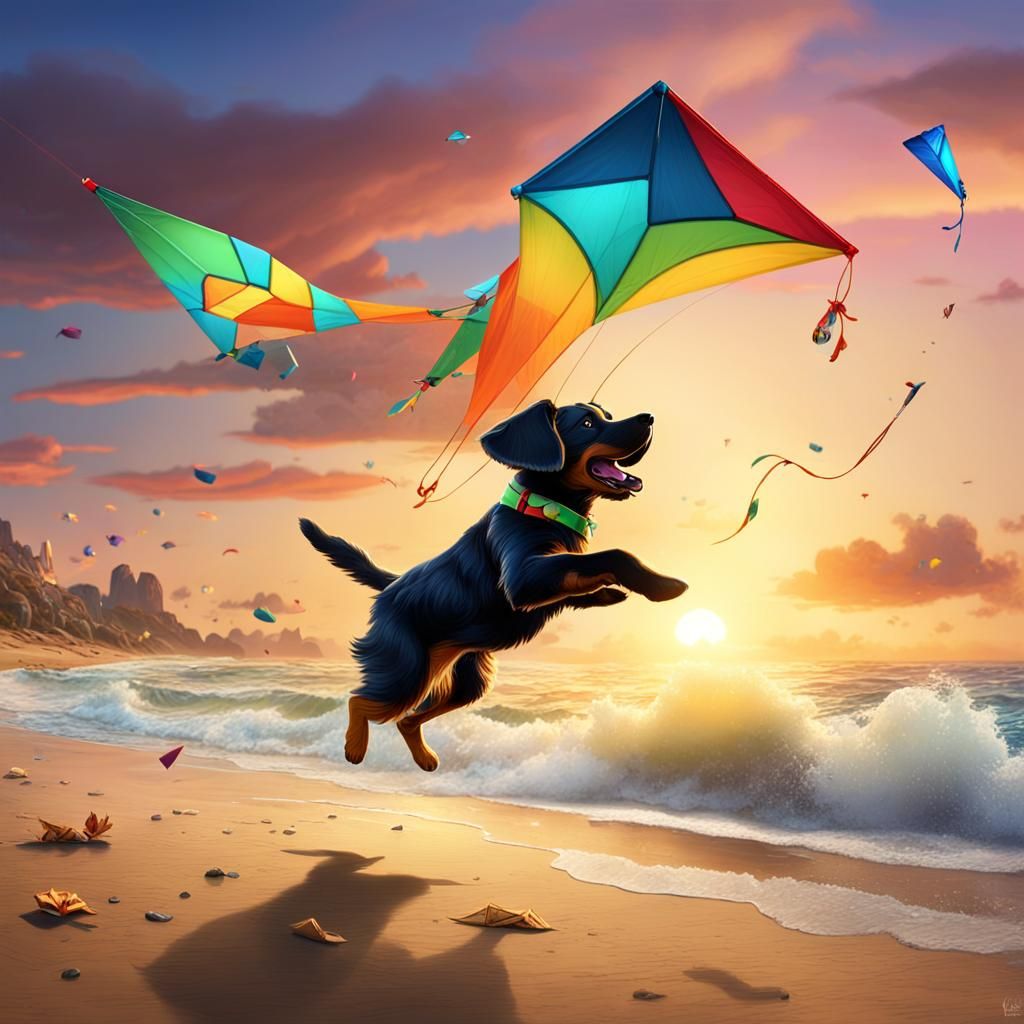 Puppy Chasing Kite on Beach at Sunset