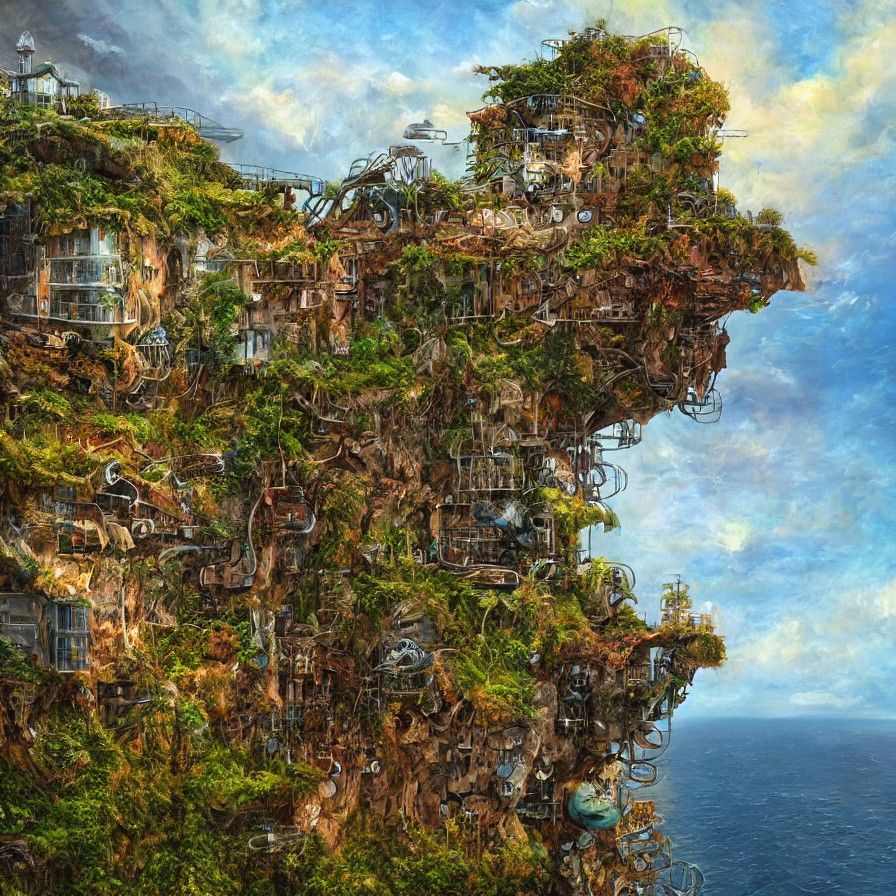 Steampunk Hotel Overgrown on Cliff, Impasto Oil Painting