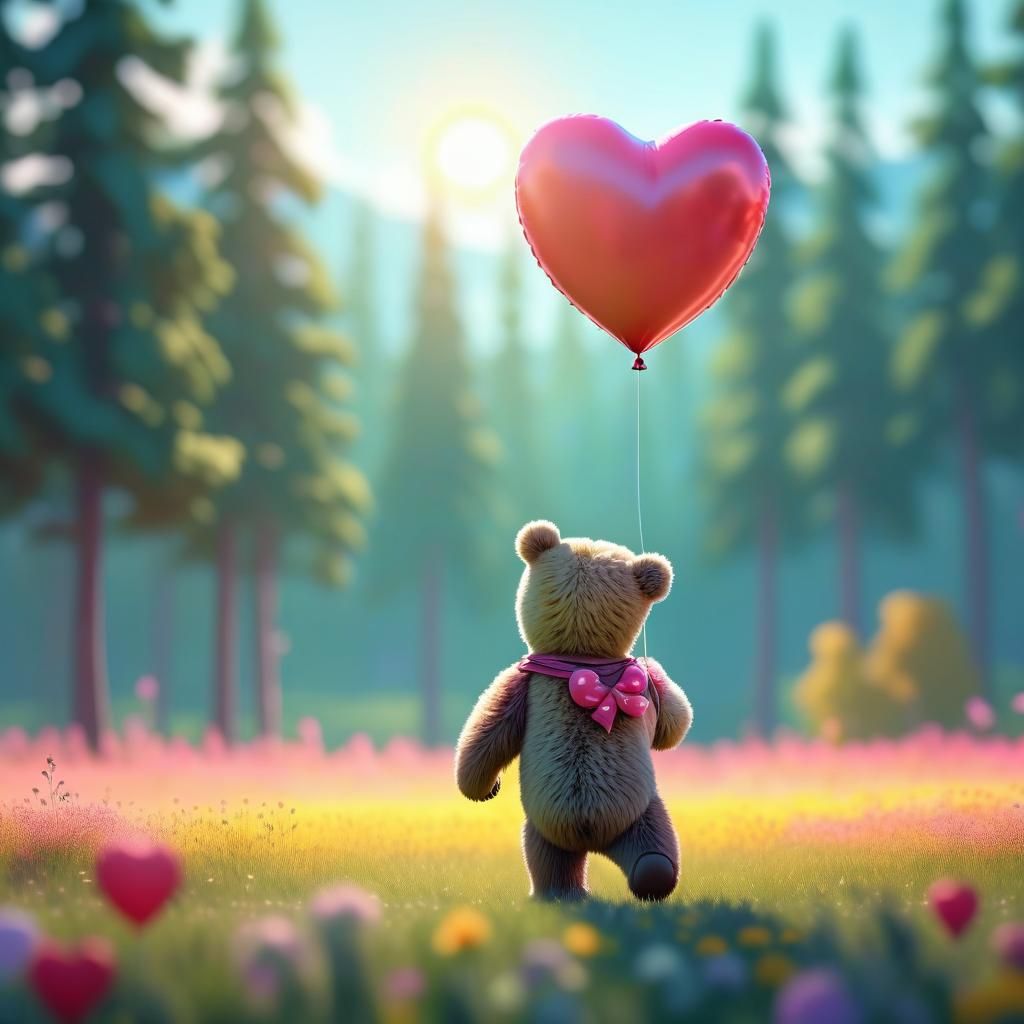 Cartoon Bear with Heart Balloon in Sunny Meadow