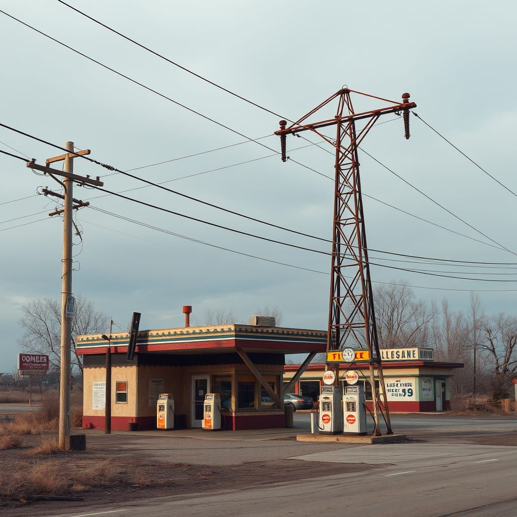 Forgotten Gas Station Under Sagging Power Line