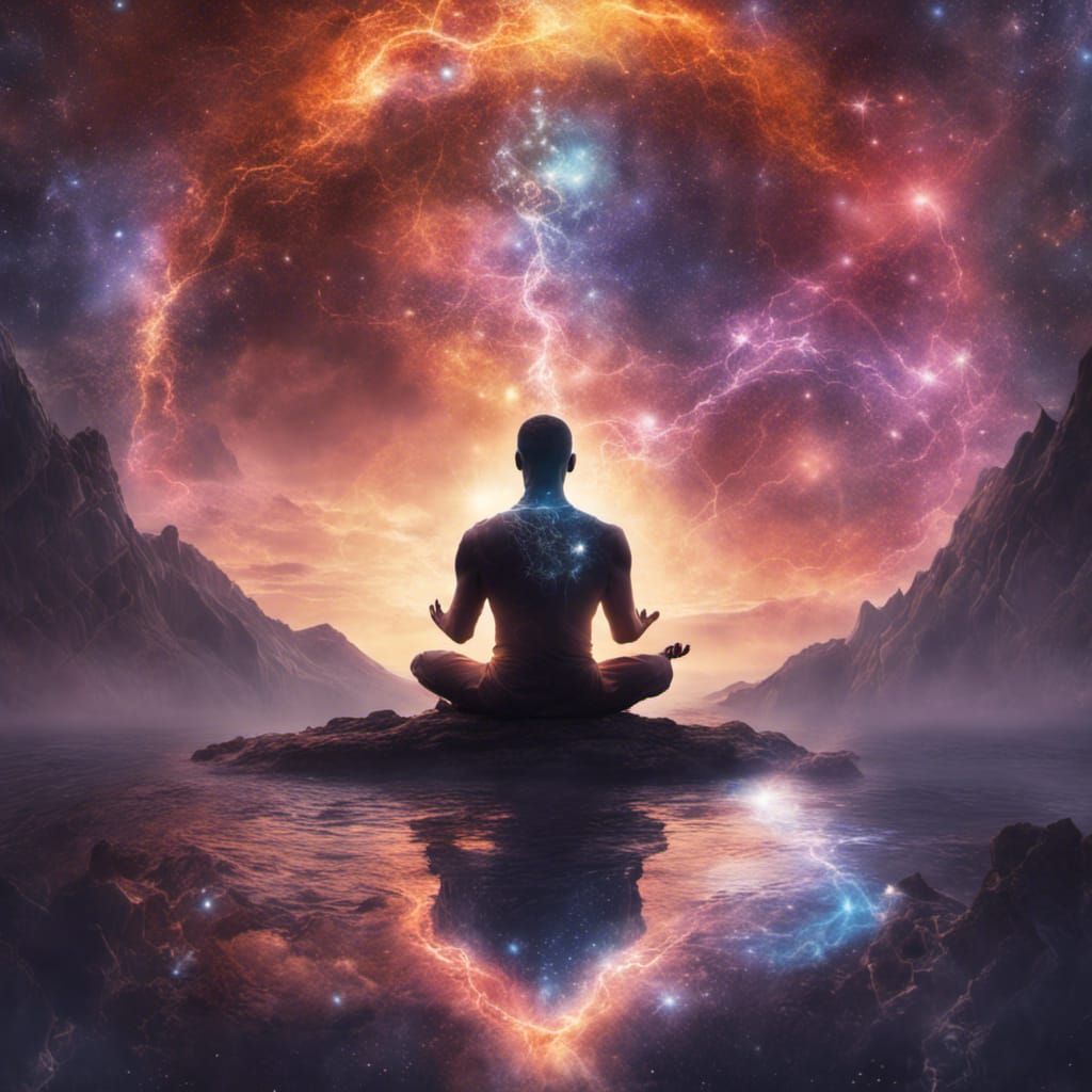 Meditating Man Heals Himself with Mind, Universe Backdrop