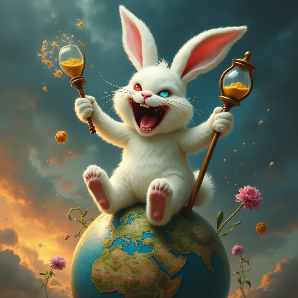 Anthropomorphic Bunny Laughing on Cracked Globe