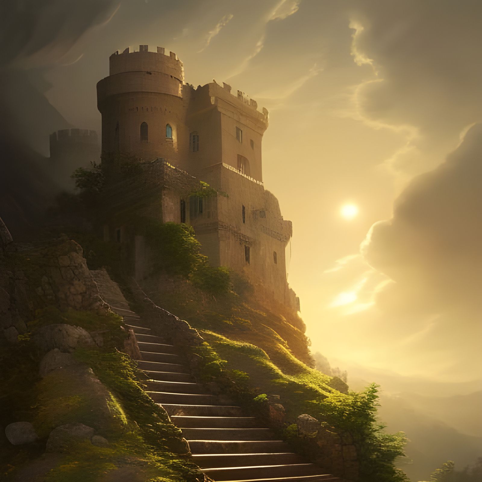 Stone stairs leading up to an old castle