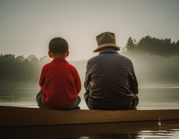 Intricate Pencil Sketch of Father and Son Fishing