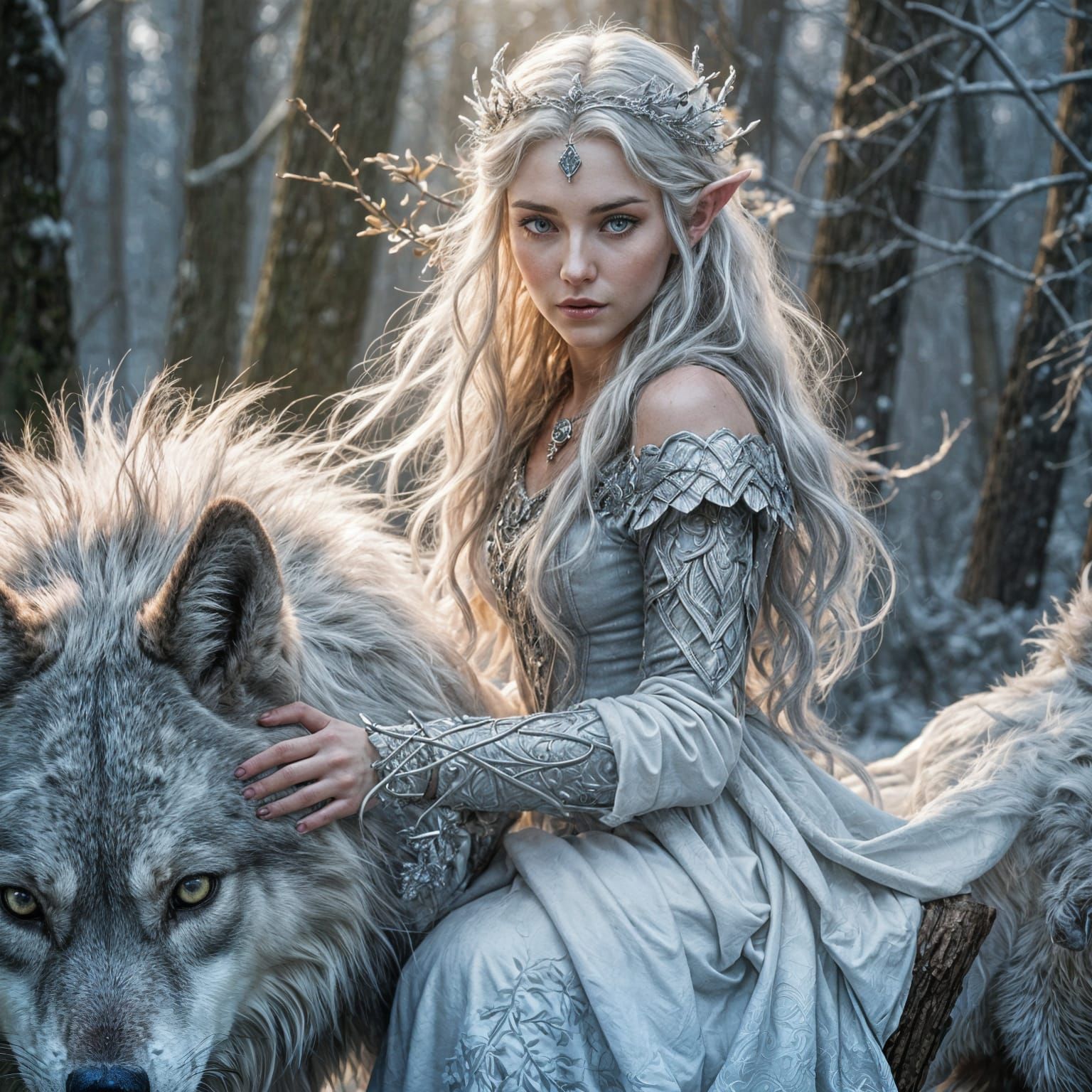 Winter Elven Queen with Timberwolf Companion