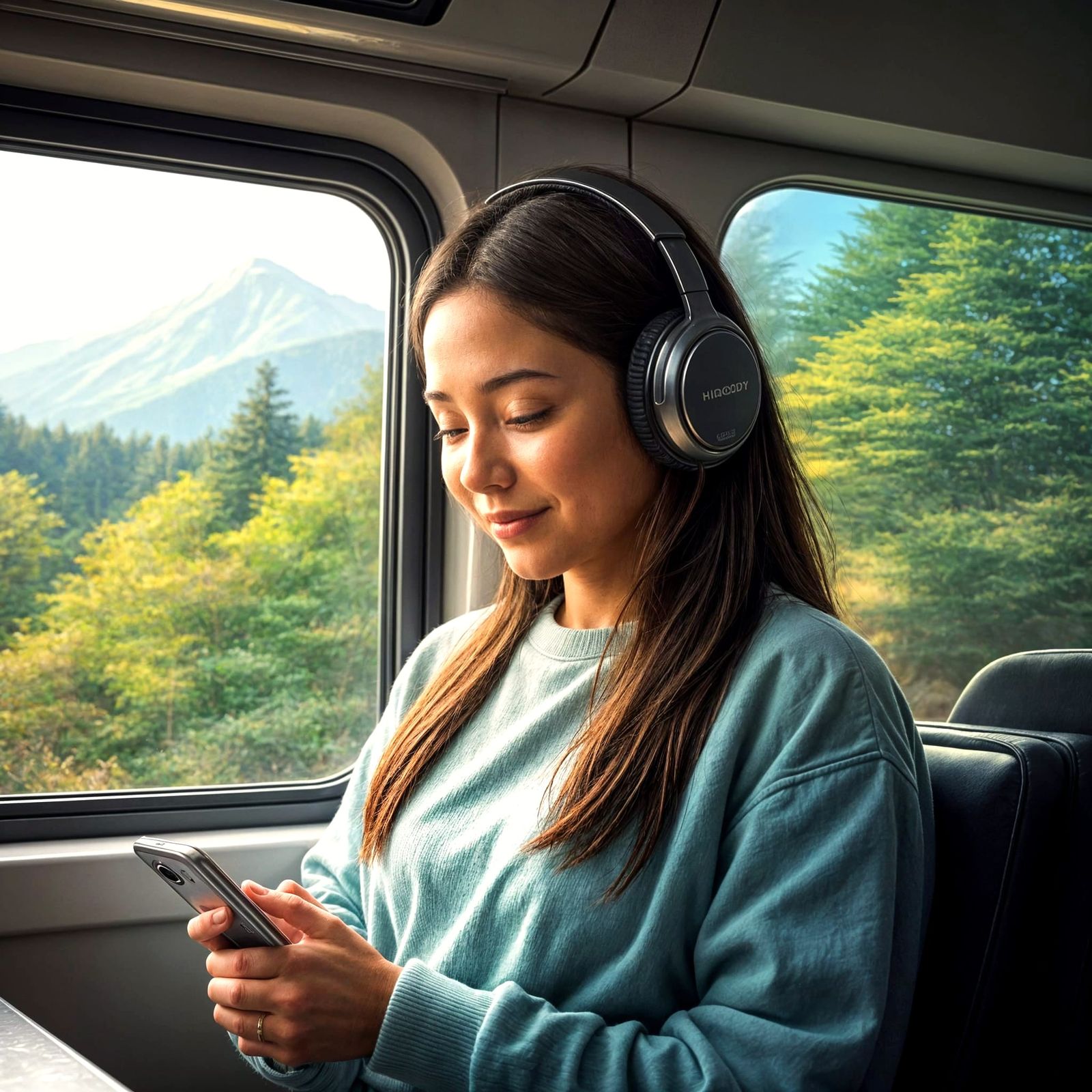 Futuristic Woman on Train with Colorful Light