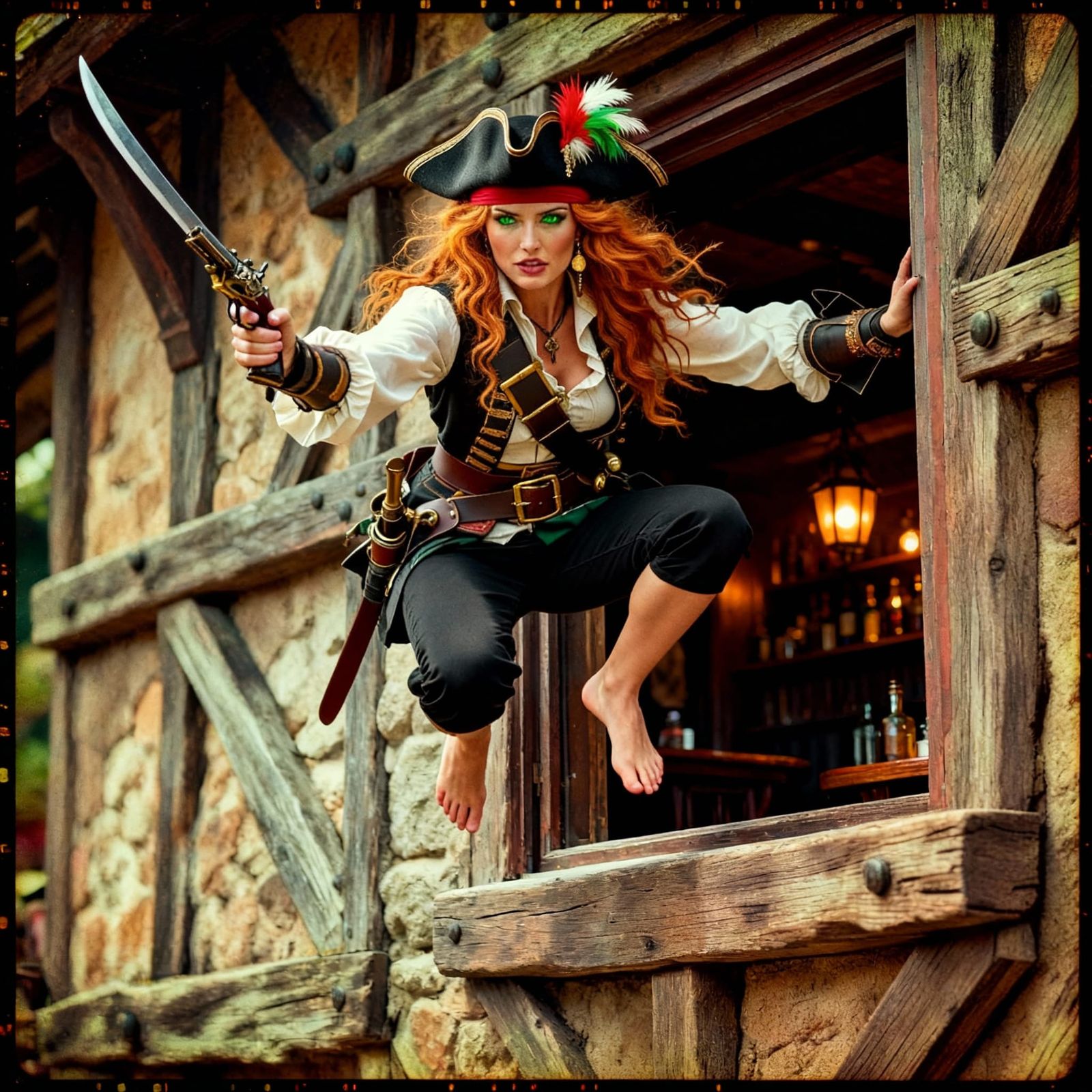Female Pirate Leaps From Tavern Window With Pistol