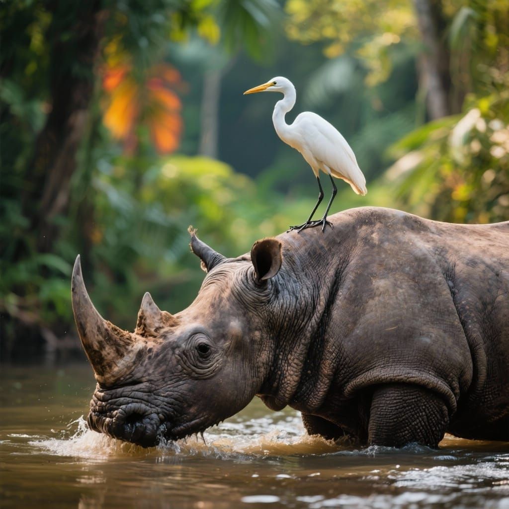 Rhino and Egret in Jungle River Scene