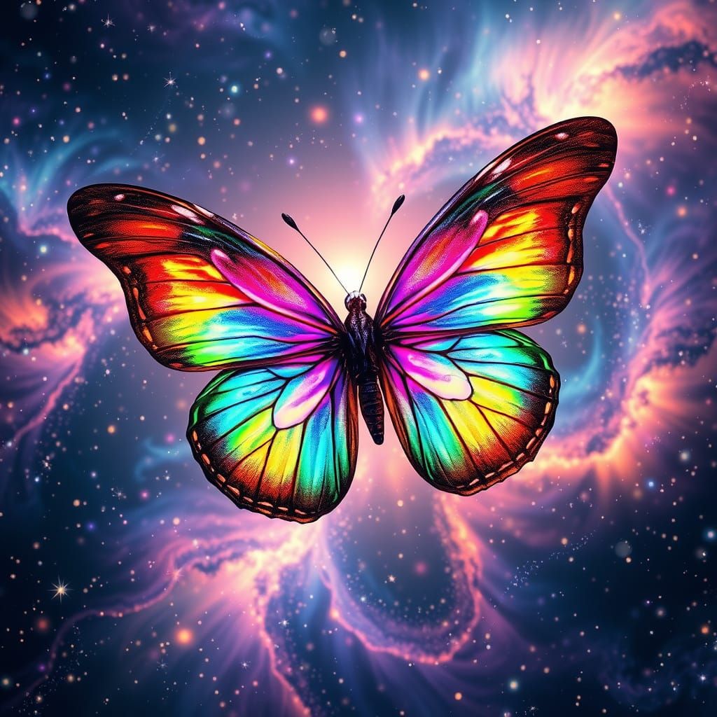 Iridescent Rainbow Butterfly in Cosmic Swirl
