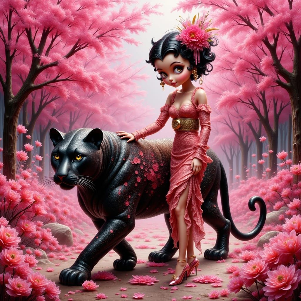 Betty Boop Doll and Panther in Kitschy Digital Art