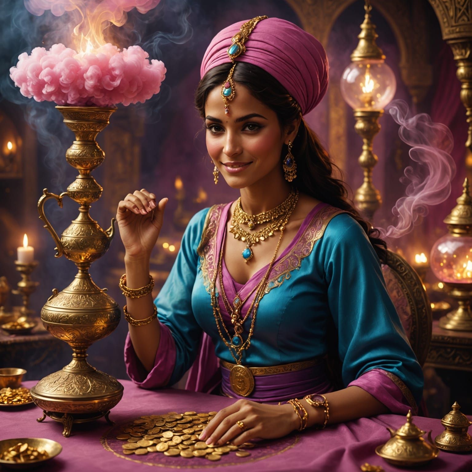 Enchanted Arabian Genie Grants Wishes in Opulent Setting