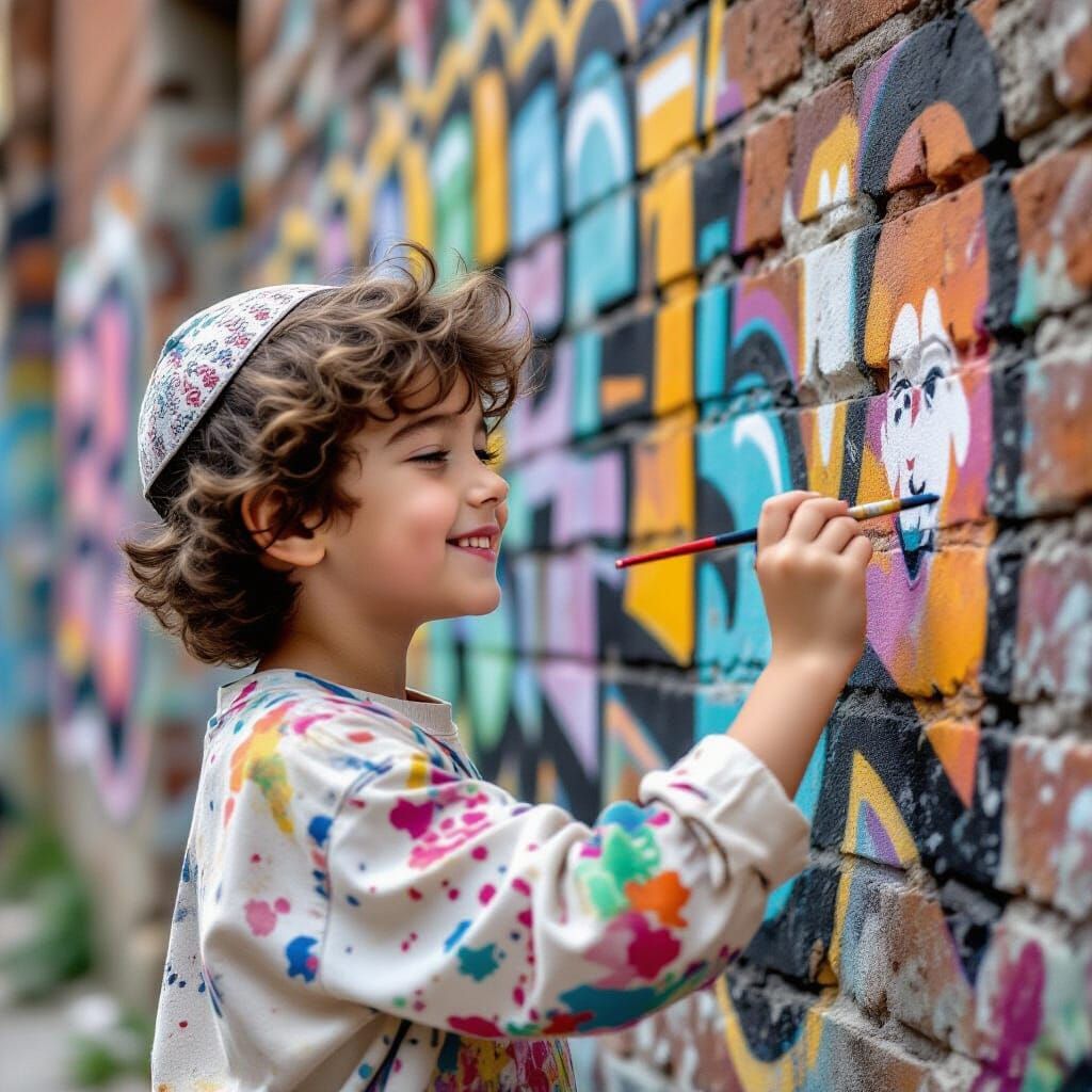 Boy Paints Mural in Banksy, Chagall, and Basquiat Style
