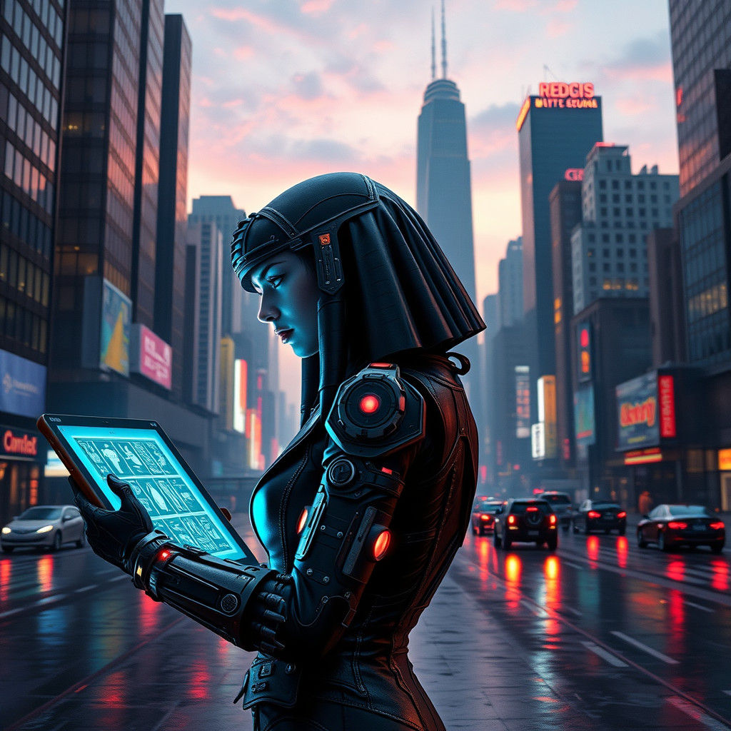 Cyberpunk Cleopatra in Futuristic Cityscape
