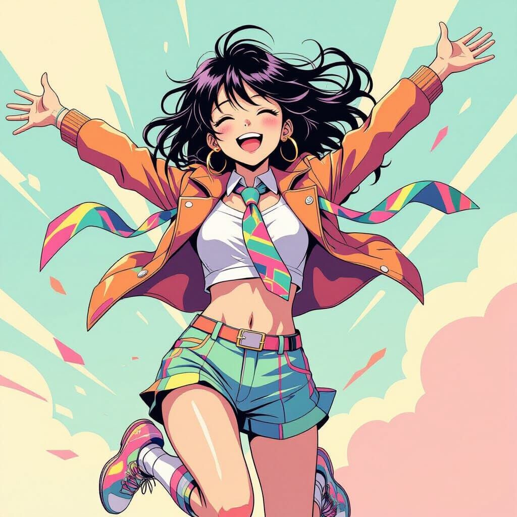 Joyful Anime Girl in Futuristic Fashion, Digital Art