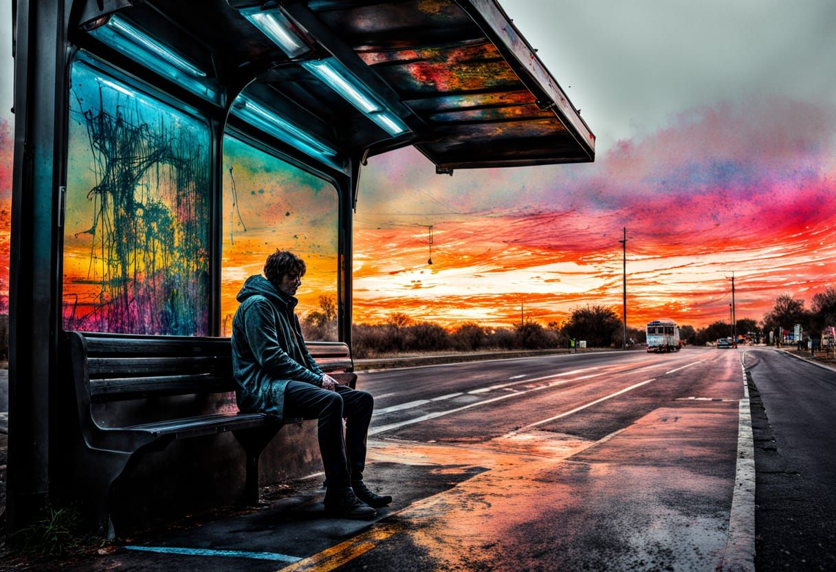 Ethereal Watercolor Sunset at Bus Stop