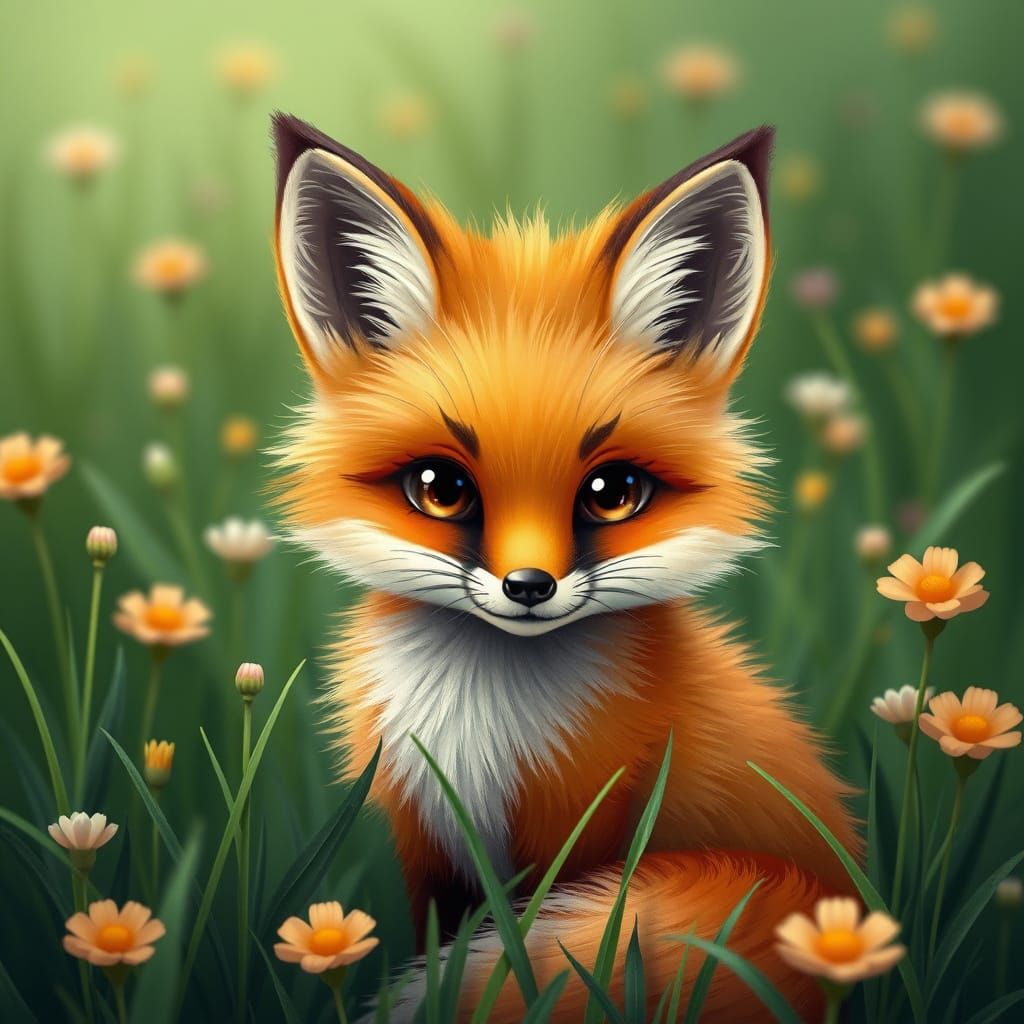 Adorable Fox in Meadow: Pop Surrealist Style