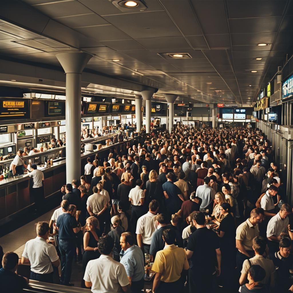 Crowded Airport Bar: Cinematic Film Still