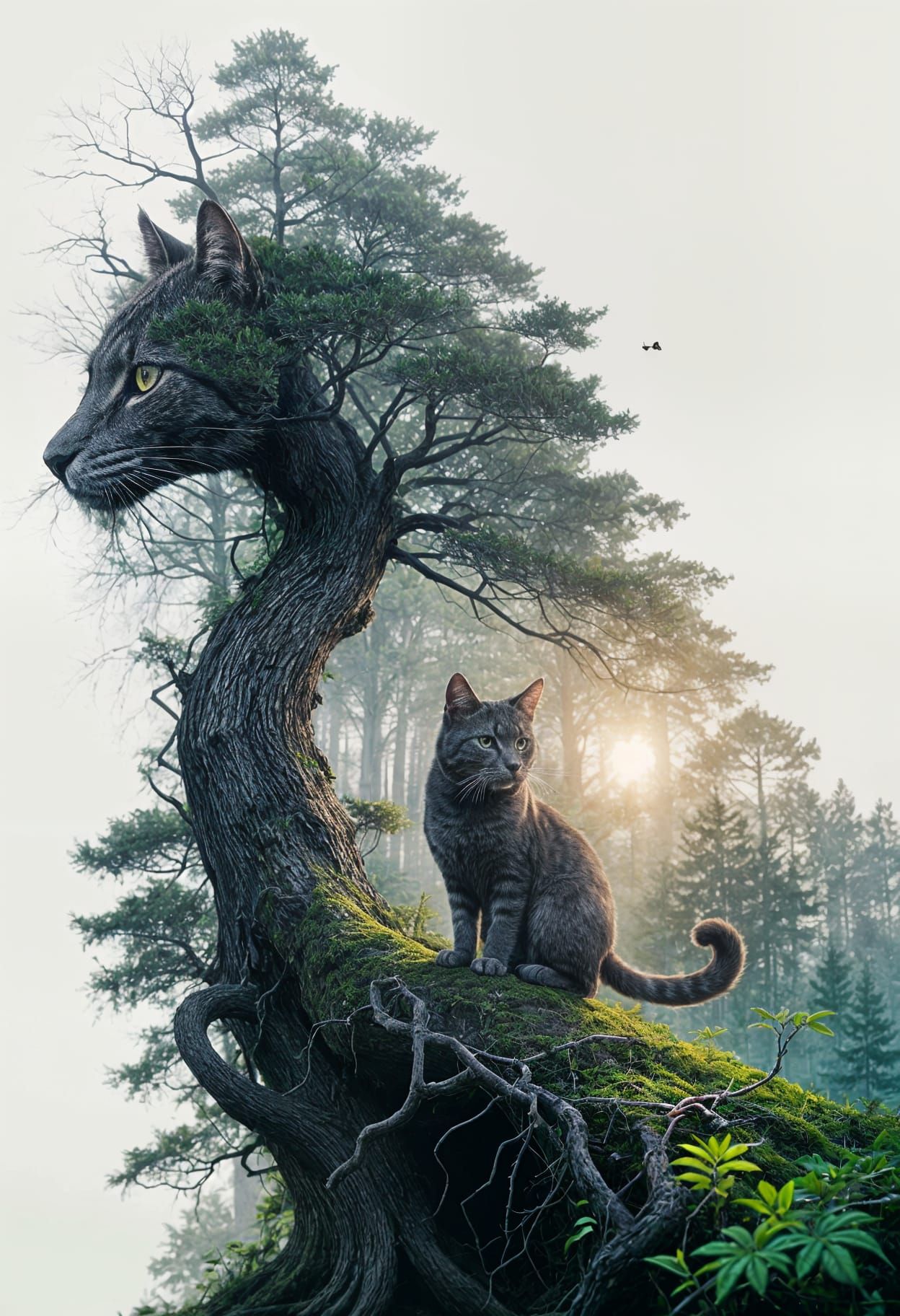 Whimsical Feline Forestscape in Double Exposure