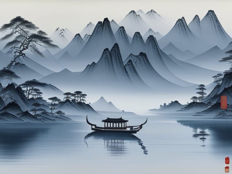 Serene Lake: Traditional Chinese Ink Wash Painting